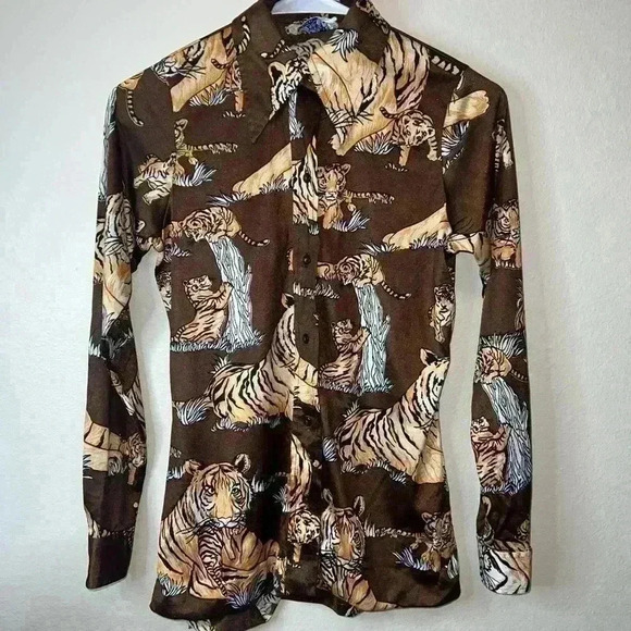 Vintage 70s Disco Mod Tiger All Over Art Cat Print Miami Brown Button Shirt - Picture 1 of 8